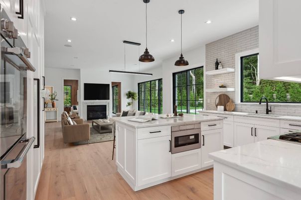 Fireplace, Interior, Kitchen, Living room, Pendant Lights, Recessed Lighting, Stainless Steel Appliances, Wood Texture Flooring