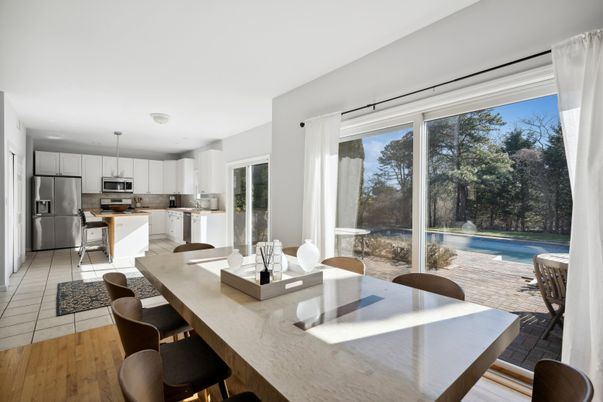 Dining room, Interior, Kitchen, Pendant Lights, Stainless Steel Appliances, Wood Texture Flooring