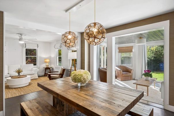 Dining room, Interior, Living room, Pendant Lights, Wood Texture Flooring