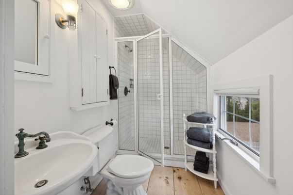 Bathroom, Glass Shower, Interior, Wood Texture Flooring