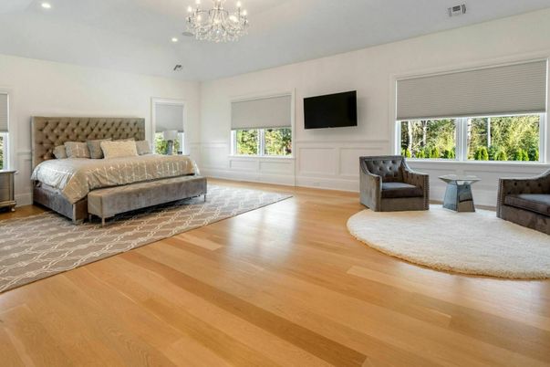 Bedroom, Chandelier, Interior, Recessed Lighting, Wood Texture Flooring