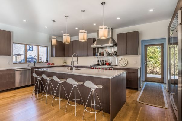 Interior, Kitchen, Pendant Lights, Recessed Lighting, Stainless Steel Appliances, Wood Texture Flooring