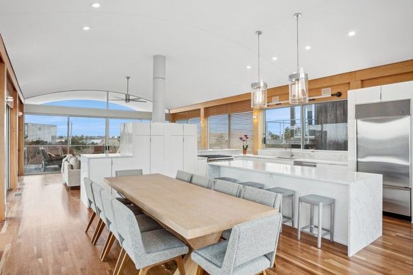 Dining room, Interior, Kitchen, Pendant Lights, Recessed Lighting, Stainless Steel Appliances, Wood Texture Flooring