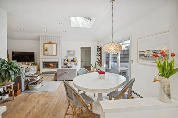 Dining room, Fireplace, Interior, Living room, Pendant Lights, Recessed Lighting, Wood Texture Flooring