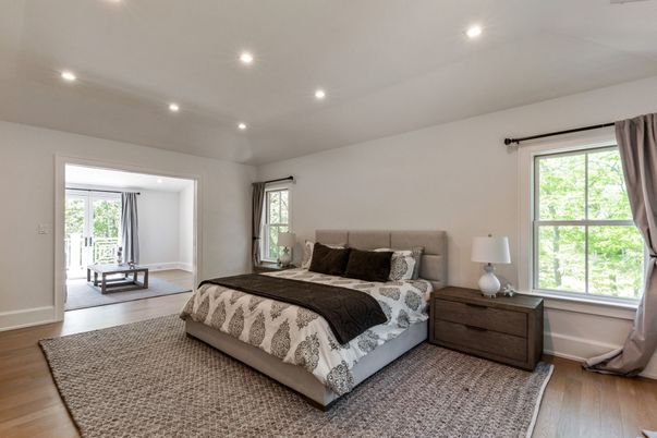 Bedroom, Interior, Recessed Lighting, Wood Texture Flooring