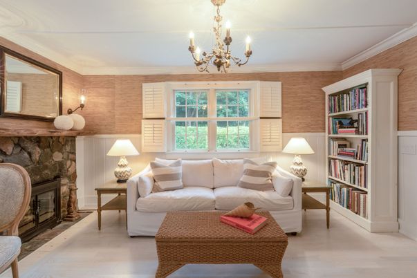 Chandelier, Fireplace, Interior, Living room, Stone Walls, Wood Texture Flooring