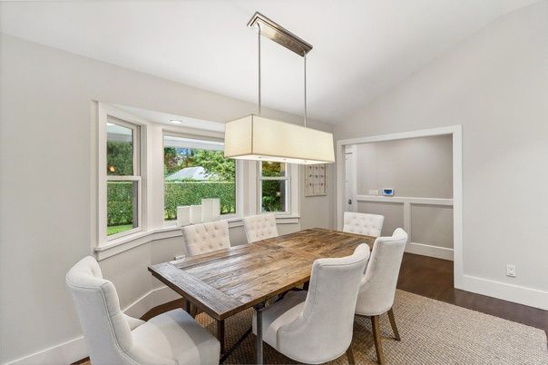 Dining room, Interior, Pendant Lights, Recessed Lighting, Wood Texture Flooring