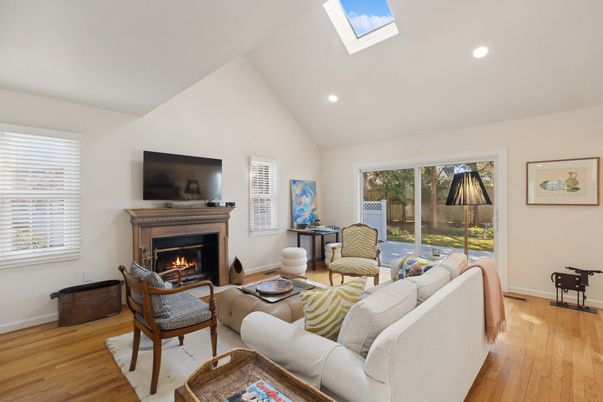 Fireplace, Interior, Living room, Recessed Lighting, Wood Texture Flooring