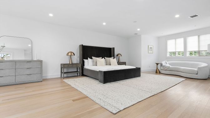 Bedroom, Interior, Recessed Lighting, Wood Texture Flooring