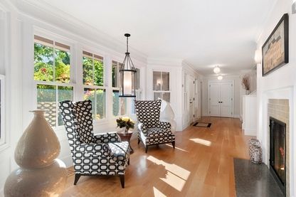 Fireplace, Interior, Living room, Pendant Lights, Wood Texture Flooring