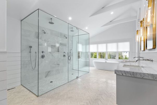 Bathroom, Free Standing Baths, Glass Shower, Interior, Marble, Marble Walls, Recessed Lighting