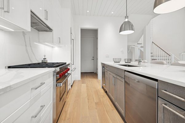 Interior, Kitchen, Pendant Lights, Recessed Lighting, Stainless Steel Appliances, Wood Texture Flooring