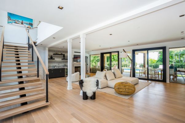 Fireplace, Interior, Living room, Recessed Lighting, Wood Texture Flooring