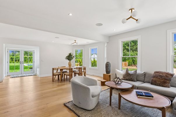 Dining room, Interior, Living room, Recessed Lighting, Wood Texture Flooring