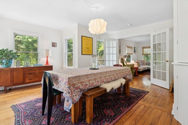 Dining room, Interior, Pendant Lights, Wood Texture Flooring