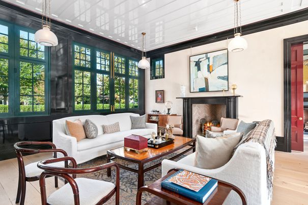 Fireplace, Interior, Living room, Pendant Lights, Wood Texture Flooring