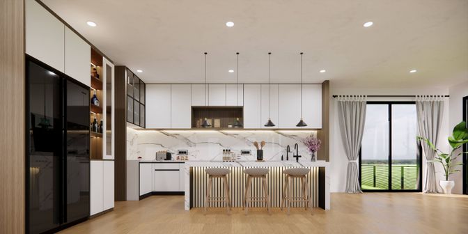 Interior, Kitchen, Marble Walls, Pendant Lights, Recessed Lighting, Wood Texture Flooring