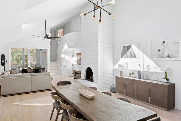 Dining room, Fireplace, Interior, Living room, Pendant Lights, Stone Walls, Wood Texture Flooring