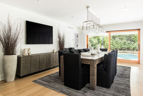 Dining room, Interior, Pendant Lights, Recessed Lighting, Wood Texture Flooring