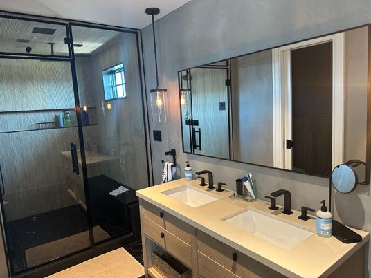 Bathroom, Dual Sink Vanities, Glass Shower, Interior, Pendant Lights