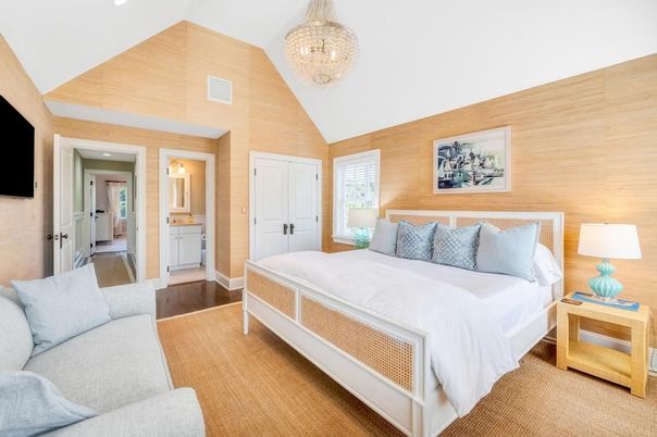 Bedroom, Chandelier, Interior, Recessed Lighting, Wood Texture Flooring, Wooden Walls