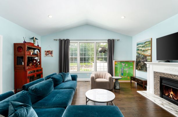 Fireplace, Interior, Living room, Recessed Lighting, Wood Texture Flooring