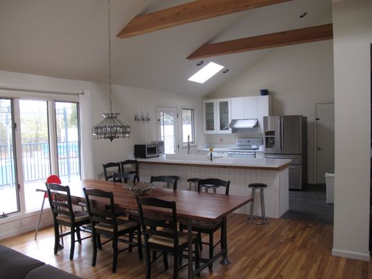 Dining room, Interior, Kitchen, Pendant Lights, Stainless Steel Appliances, Wooden Beams, Wood Texture Flooring