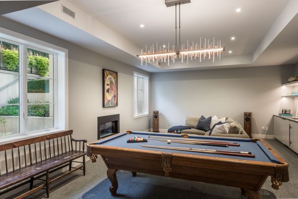 Billiard Table, Fireplace, Game Room, Interior, Pendant Lights, Recessed Lighting