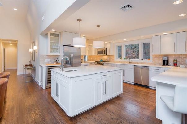 Interior, Kitchen, Pendant Lights, Recessed Lighting, Stainless Steel Appliances, Wood Texture Flooring