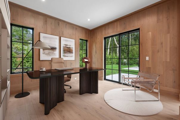 Home Office, Interior, Recessed Lighting, Wood Texture Flooring, Wooden Walls