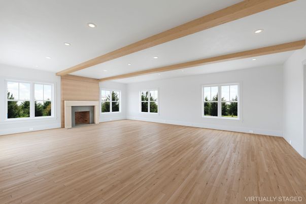 Empty room, Fireplace, Interior, Recessed Lighting, Wooden Beams, Wood Texture Flooring