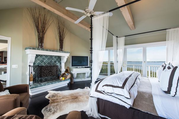 Bedroom, Fireplace, Interior, Water, Wooden Beams, Wood Texture Flooring