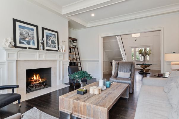 Fireplace, Interior, Living room, Recessed Lighting, Wood Texture Flooring
