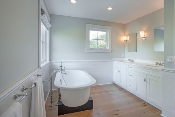 Bathroom, Dual Sink Vanities, Free Standing Baths, Interior, Recessed Lighting, Wood Texture Flooring