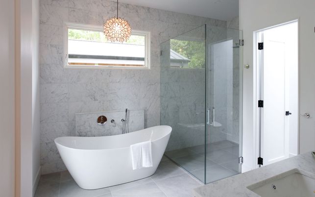 Bathroom, Free Standing Baths, Glass Shower, Interior, Marble Walls, Pendant Lights