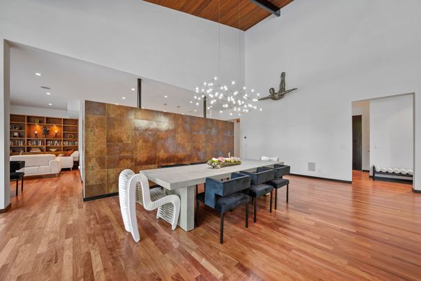 Dining room, Interior, Pendant Lights, Recessed Lighting, Wood Texture Flooring