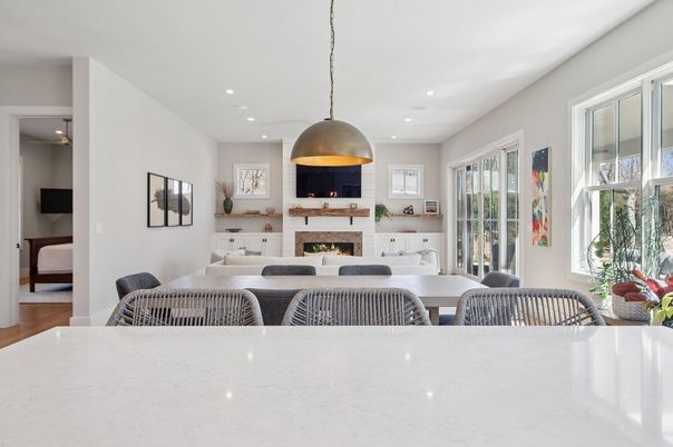 Bedroom, Dining room, Fireplace, Interior, Living room, Pendant Lights, Recessed Lighting, Wood Texture Flooring