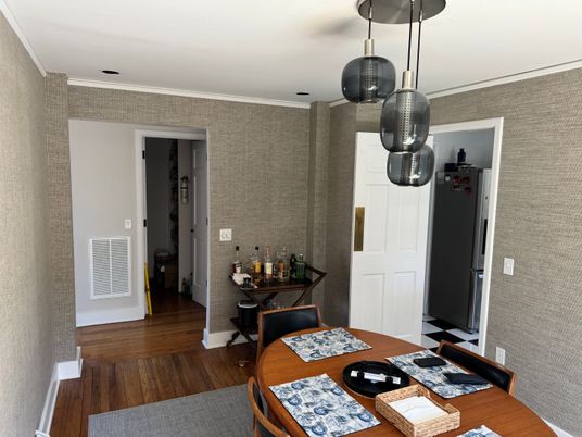 Dining room, Interior, Pendant Lights, Wood Texture Flooring
