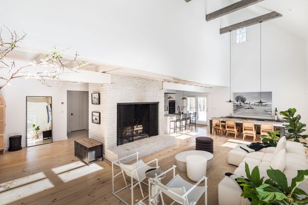 Dining room, Fireplace, Interior, Living room, Stone Walls, Wooden Beams, Wood Texture Flooring