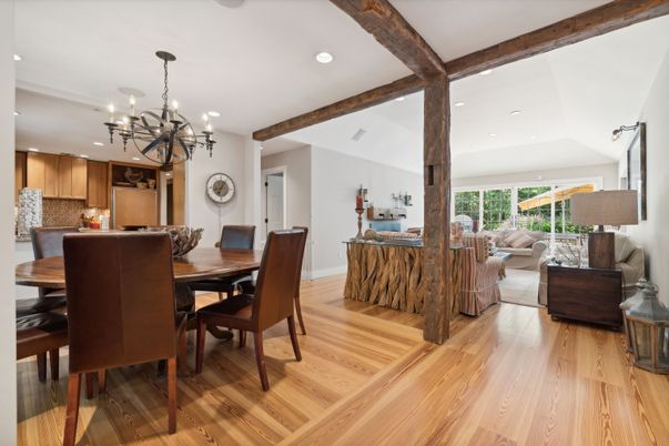 Chandelier, Dining room, Interior, Kitchen, Living room, Recessed Lighting, Wooden Beams, Wood Texture Flooring