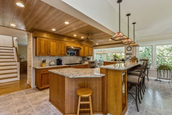 Interior, Kitchen, Pendant Lights, Recessed Lighting, Stainless Steel Appliances, Wooden Ceilings, Wood Texture Flooring