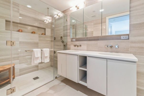 Bathroom, Dual Sink Vanities, Glass Shower, Interior, Recessed Lighting