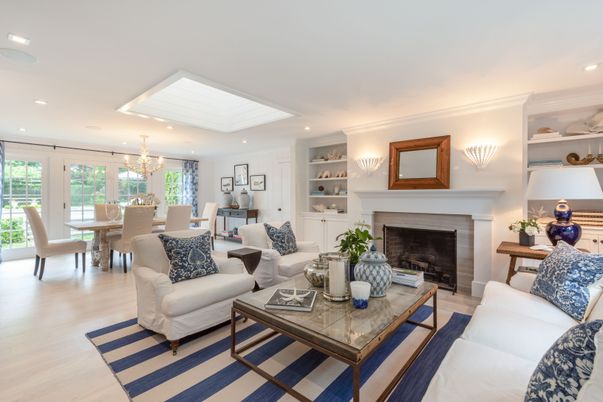 Chandelier, Dining room, Fireplace, Interior, Living room, Recessed Lighting, Wood Texture Flooring