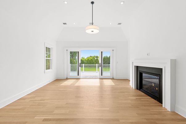 Empty room, Fireplace, Interior, Pendant Lights, Recessed Lighting, Wood Texture Flooring