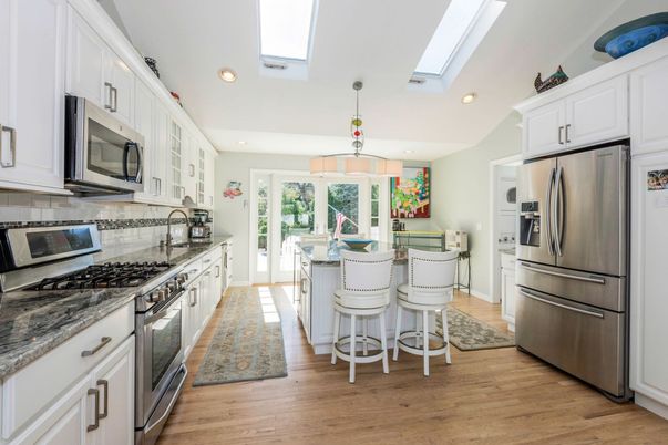 Chandelier, Interior, Kitchen, Recessed Lighting, Stainless Steel Appliances, Wood Texture Flooring