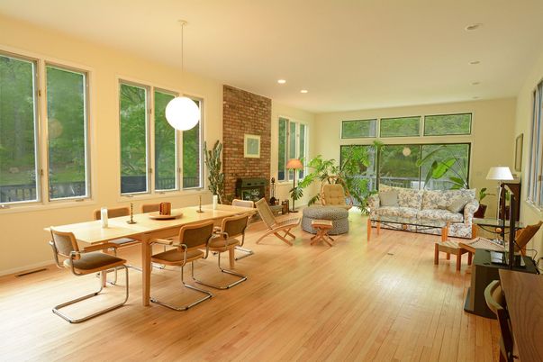 Dining room, Fireplace, Interior, Living room, Pendant Lights, Recessed Lighting, Stone Walls, Wood Texture Flooring