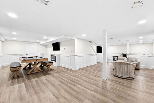 Billiard Table, Fireplace, Game Room, Interior, Recessed Lighting, Wood Texture Flooring