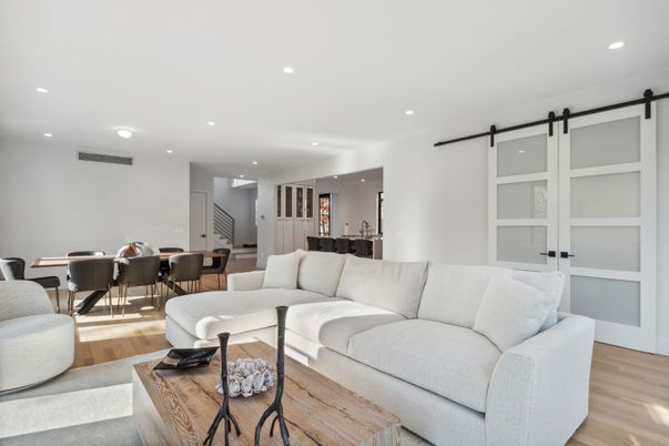 Dining room, Interior, Living room, Recessed Lighting, Wood Texture Flooring