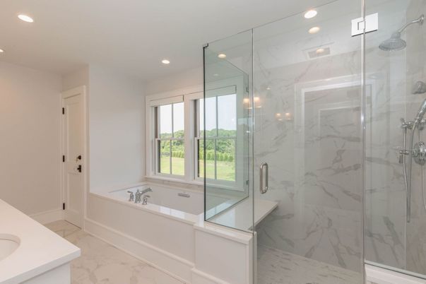 Bathroom, Glass Shower, Interior, Marble, Marble Walls, Recessed Lighting