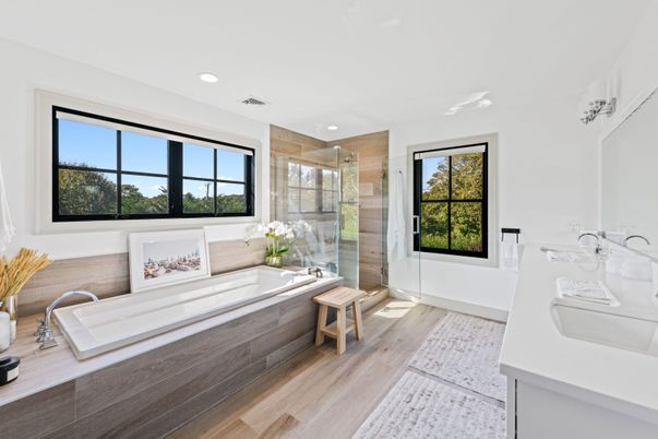 Bathroom, Glass Shower, Interior, Recessed Lighting, Wood Texture Flooring